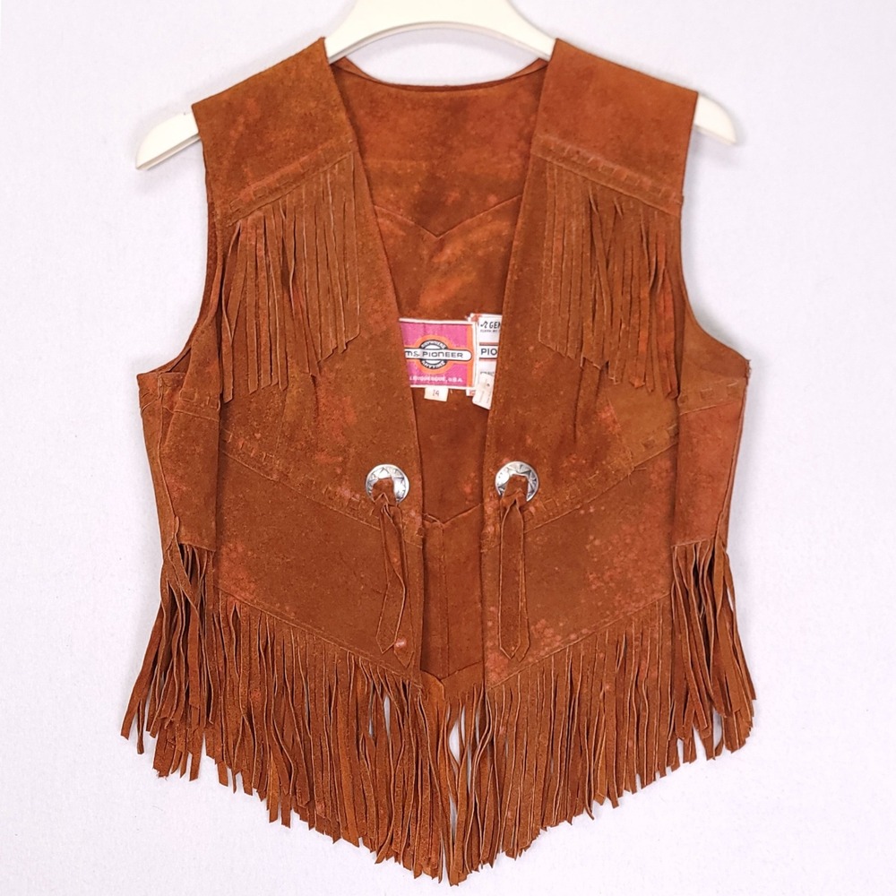 Vintage Ms Pioneer Suede Fringe Vest Brown Western Concho Albuquerque USA 14